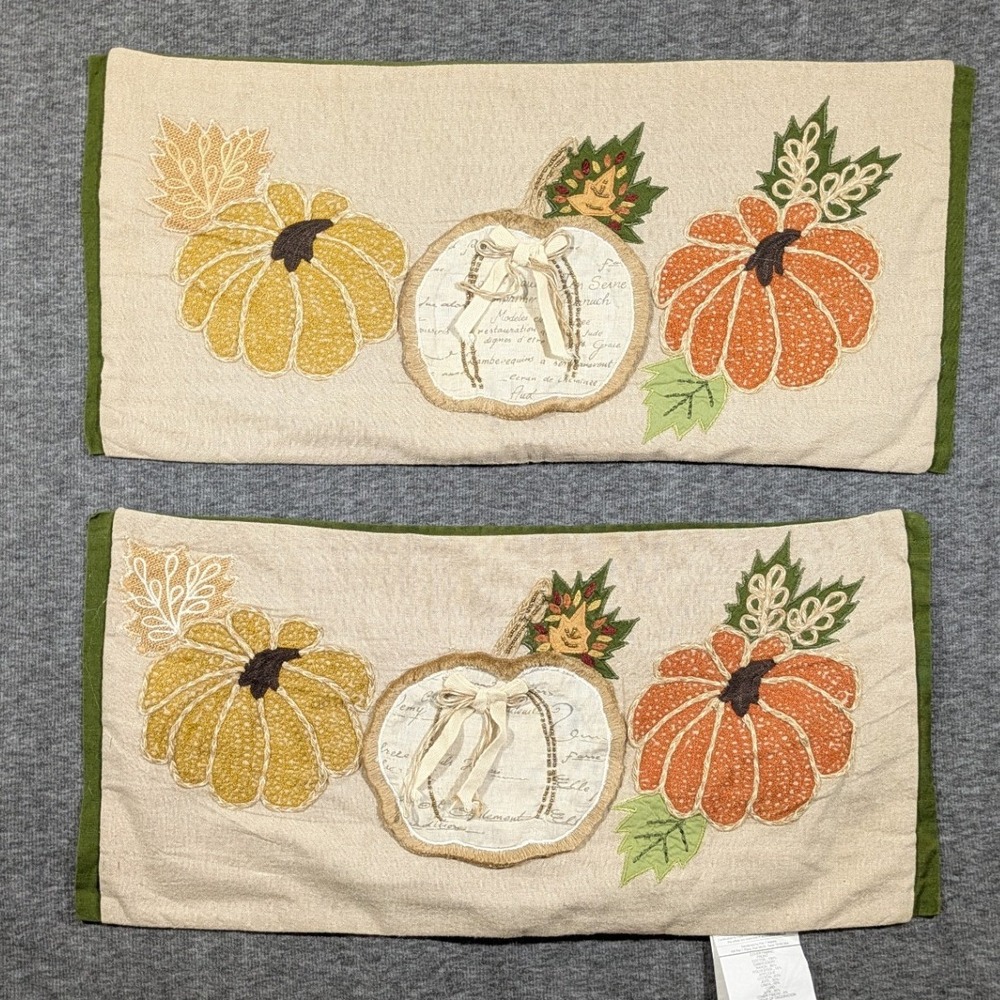 Pier 1 Embroidered Pumpkin Fall Decor Lumbar Pillow Cover - Set of 2 - 24x12